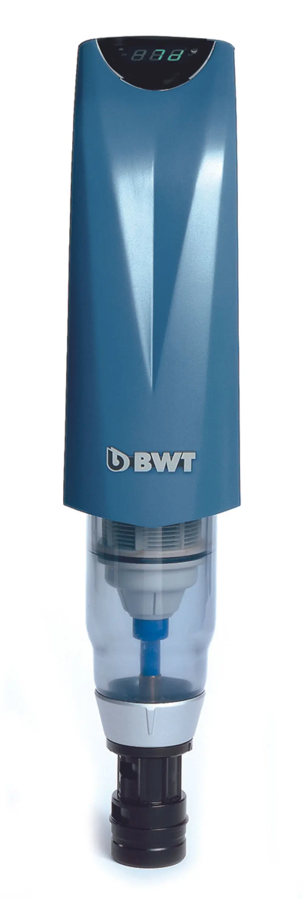 Rückspülfilter mit transparentem Behälter und digitalem Display zur Anzeige von Werten. Das Produkt trägt das Logo der Marke BWT.
